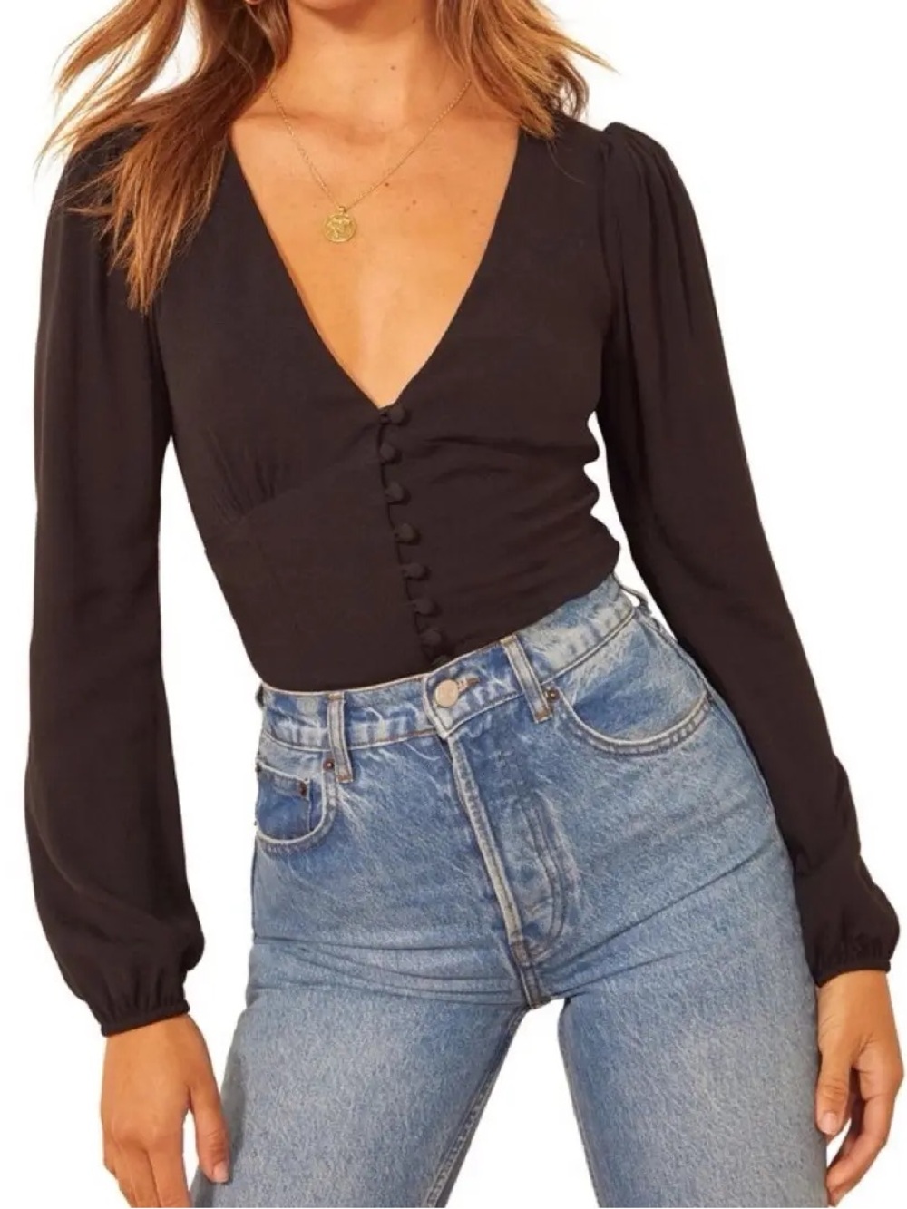 Reformation Nell Black V-Neck Button-Front Long Sleeve Top Size Small